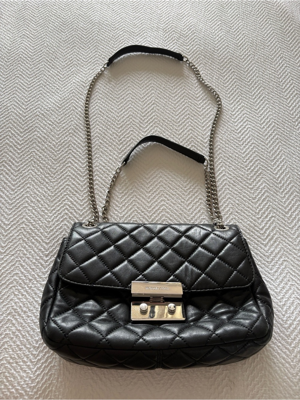 Michael Kors Black Sloan Quilted  Shoulder Purse with silver hardware & chain